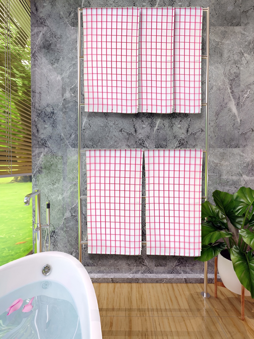 

Athom Living Red & White 5 Pieces Checked Cotton 150 GSM Bath Towels