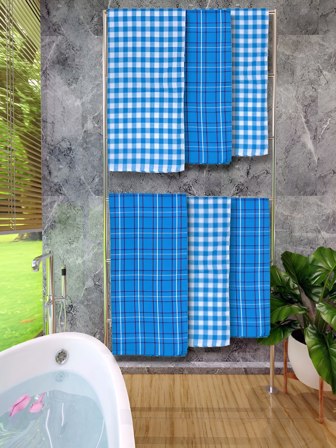

Athom Living Blue & White 6 Pieces Checked Cotton 150 GSM Bath Towels