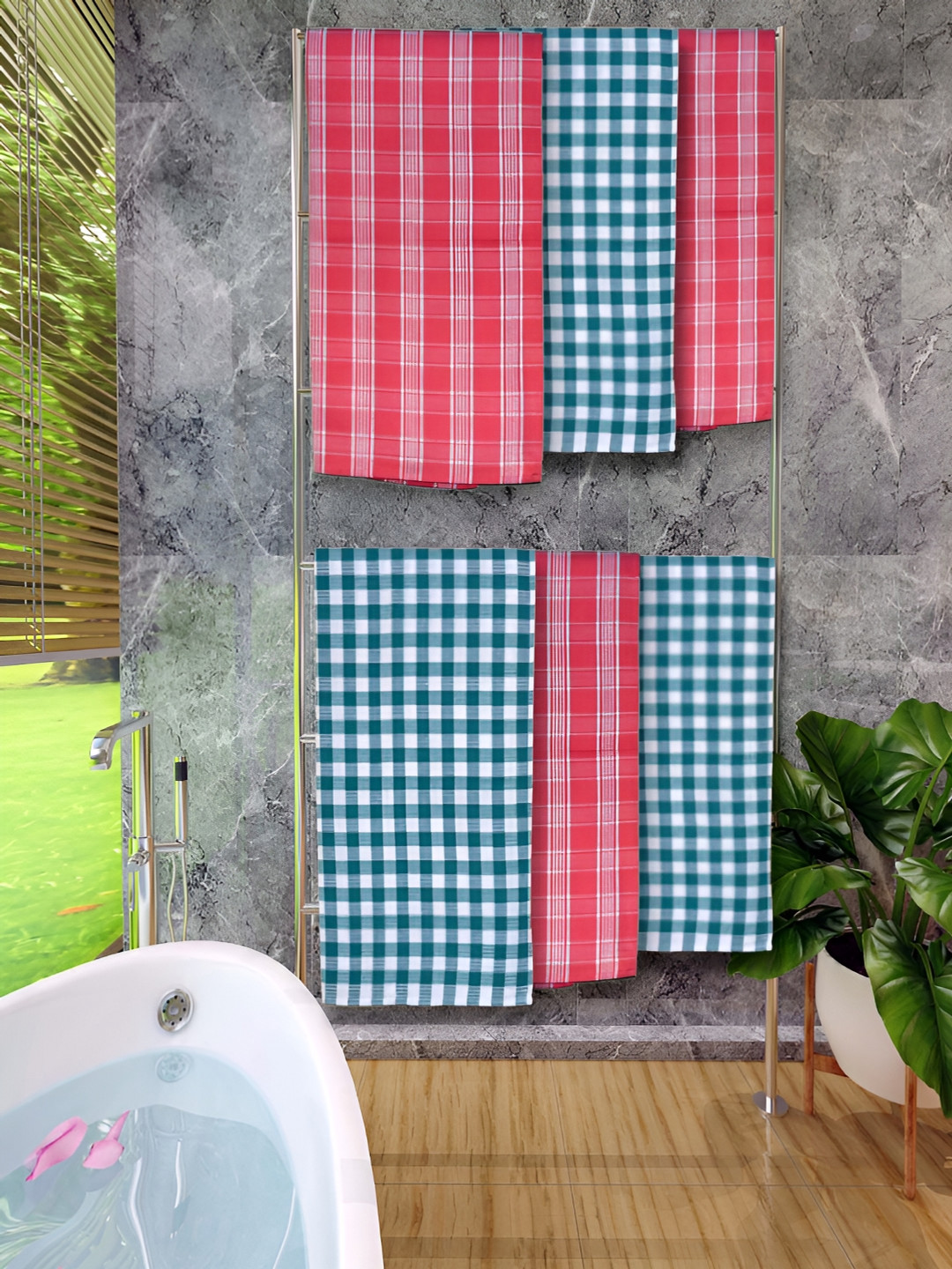 

Athom Living Red & Green 6 Pieces Checked Cotton 150 GSM Bath Towel