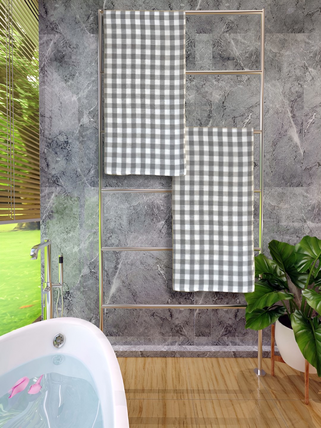 

Athom Living White & Grey 2 Pieces Checked Cotton 150 GSM Bath Towels