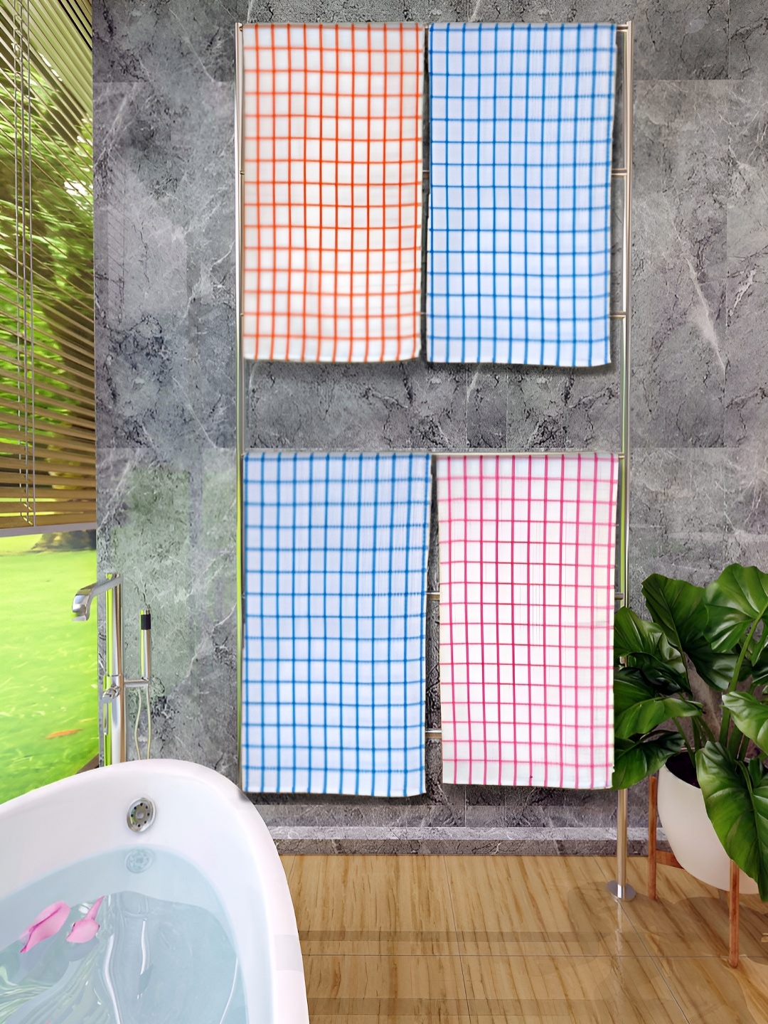 

Athom Living Blue & Orange 4 Pieces Checked Cotton 150 GSM Bath Towels