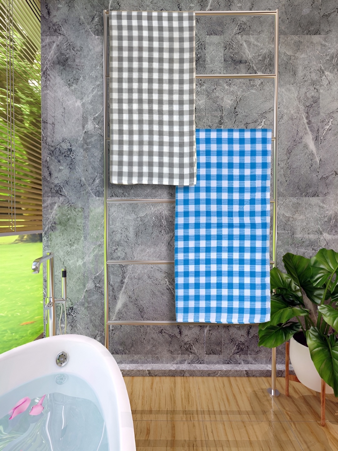 

Athom Living Blue & Grey 2 Pieces Checked Cotton 150 GSM Bath Towel