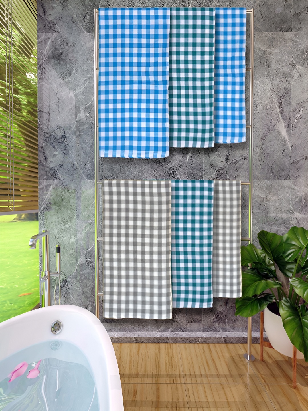 

Athom Living Blue & Green 6 Pieces Checked Cotton 150 GSM Bath Towels, Grey