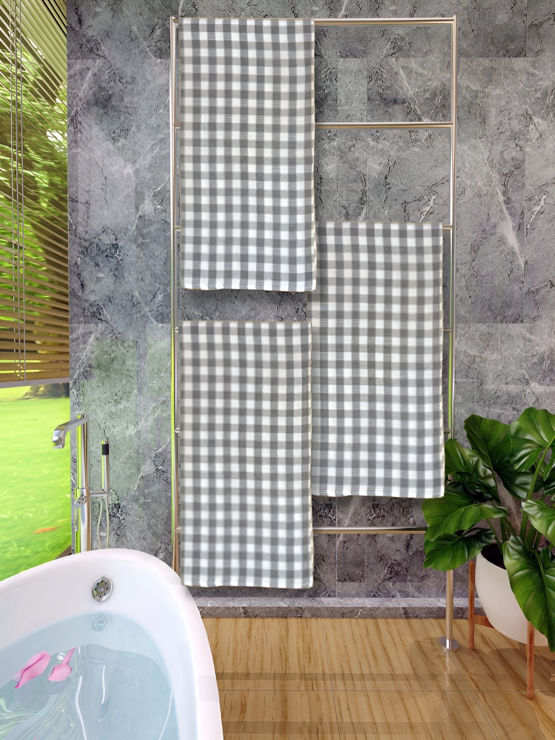 

Athom Living Black & White 3 Pieces Checked Cotton 150 GSM Gamcha Bath Towels