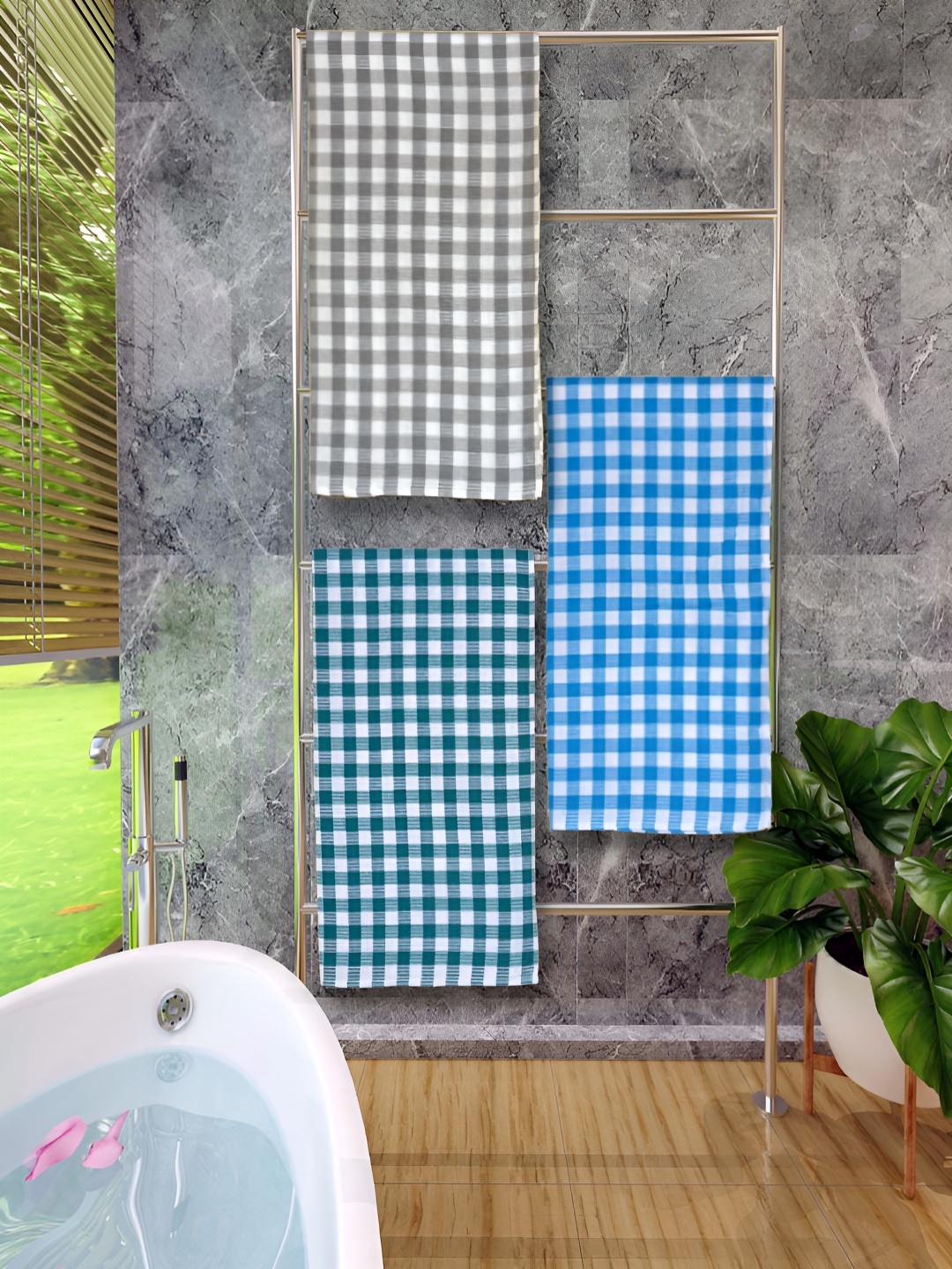 

Athom Living White & Blue 3 Pieces Checked Cotton 150 GSM Bath Towels