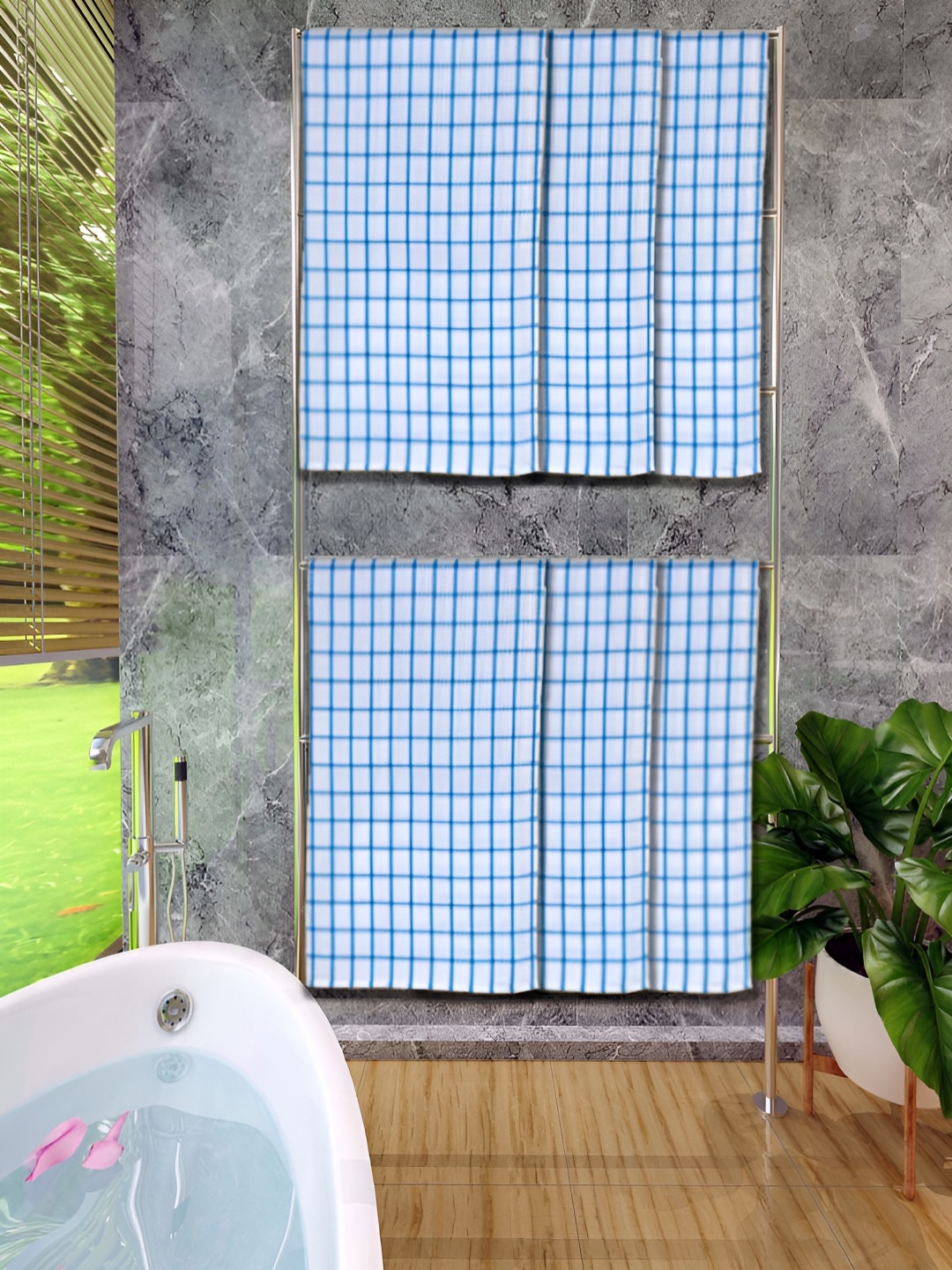 

Athom Living Blue & White 6 Pieces Checked Cotton 150 GSM Bath Towel