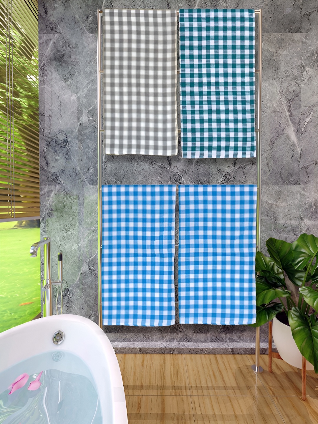

Athom Living Blue 4 Pieces Checked Cotton 150 GSM Bath Towels, Grey