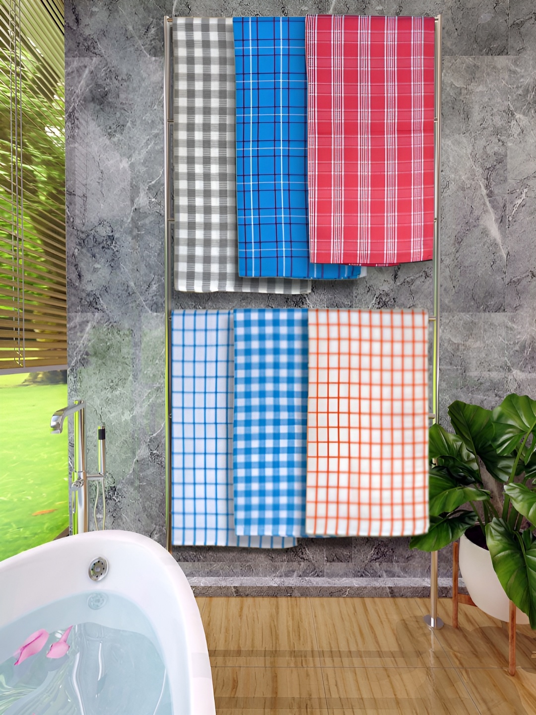 

Athom Living Blue & Orange 6 Pieces Checked Cotton 150 GSM Bath Towels