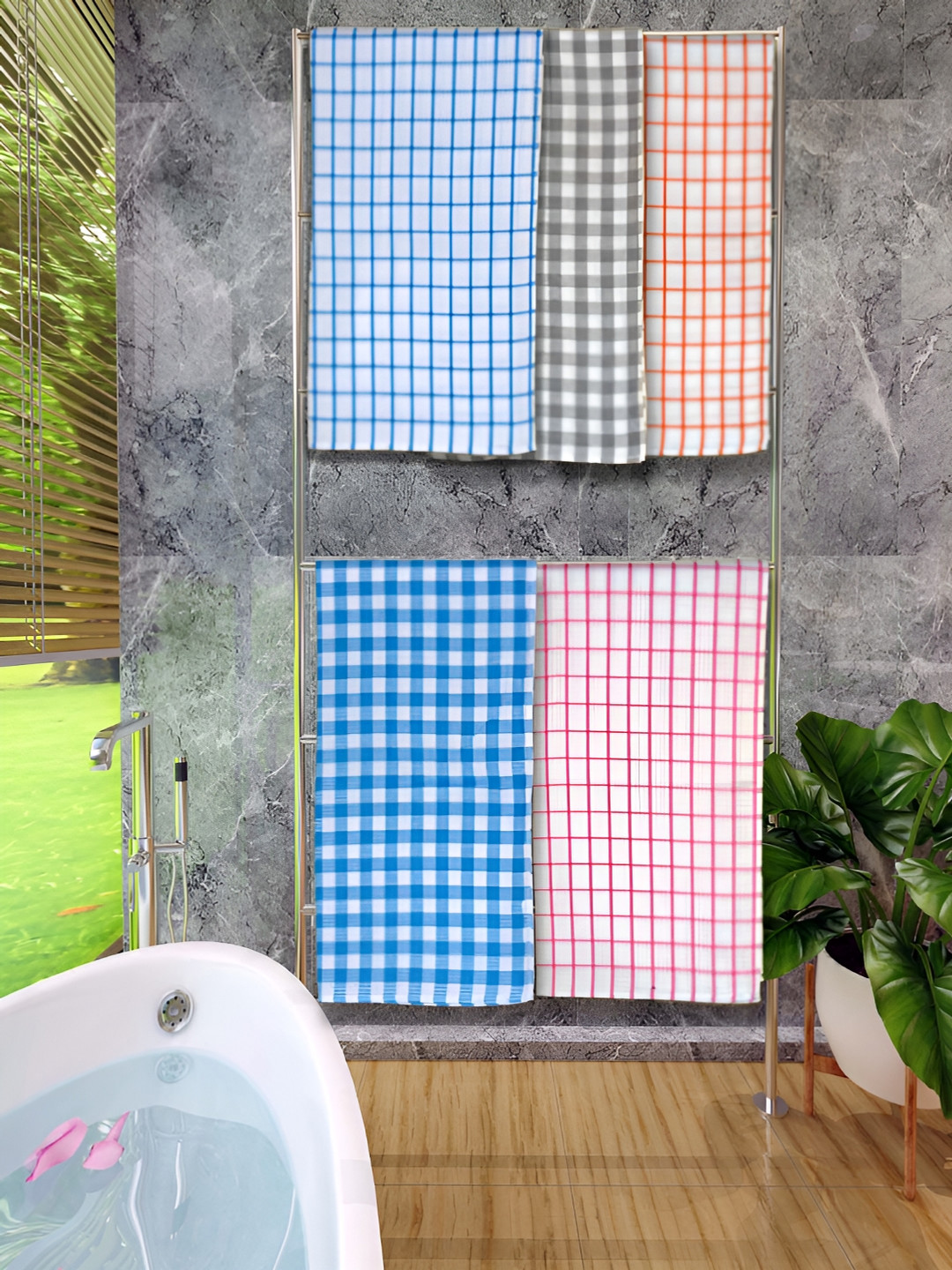 

Athom Living 5 Pieces Checked Cotton 150 GSM Bath Towels, Multi
