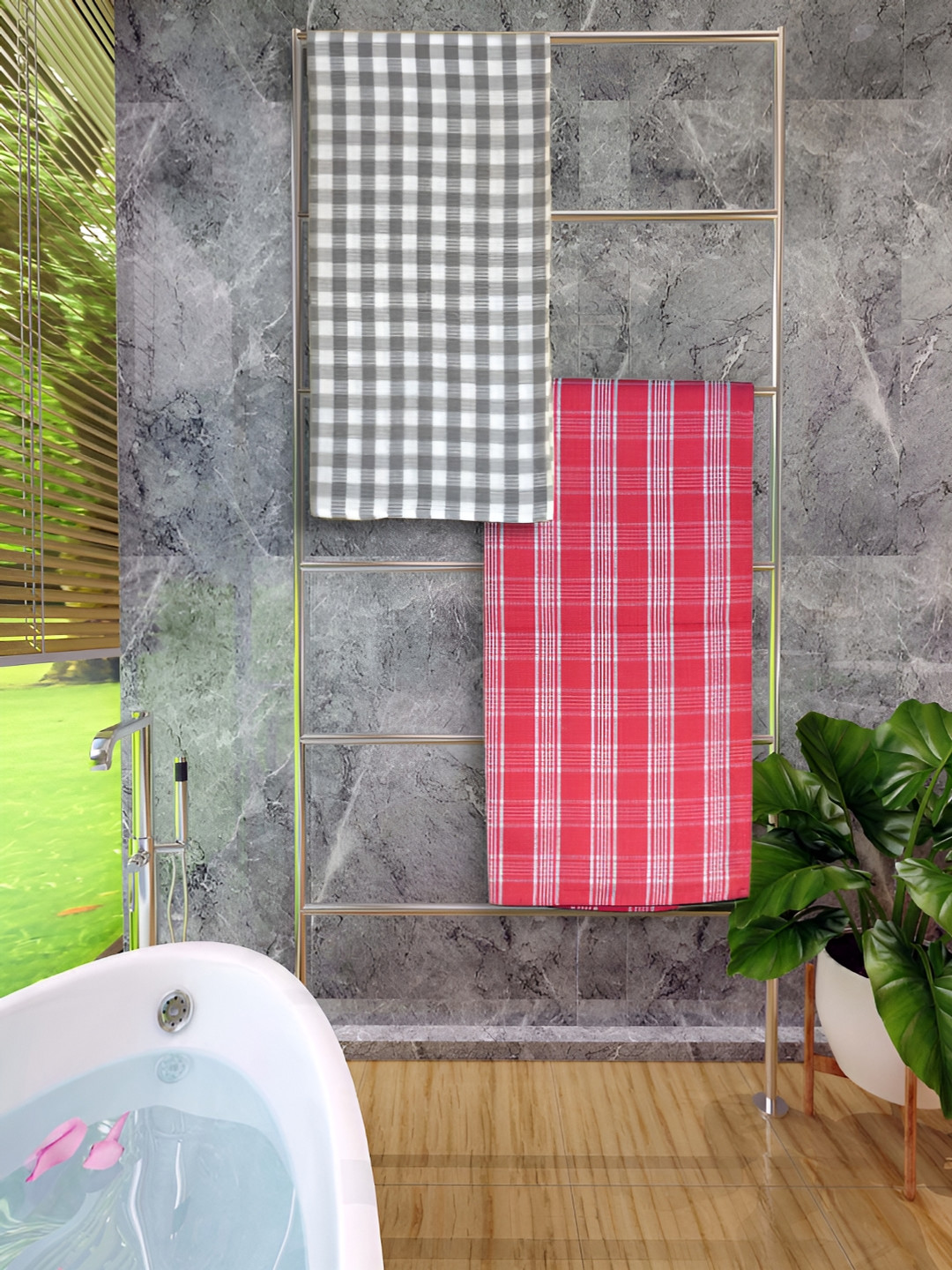 

Athom Living Grey & Red 2 Pieces Checked Cotton 150 GSM Bath Towel