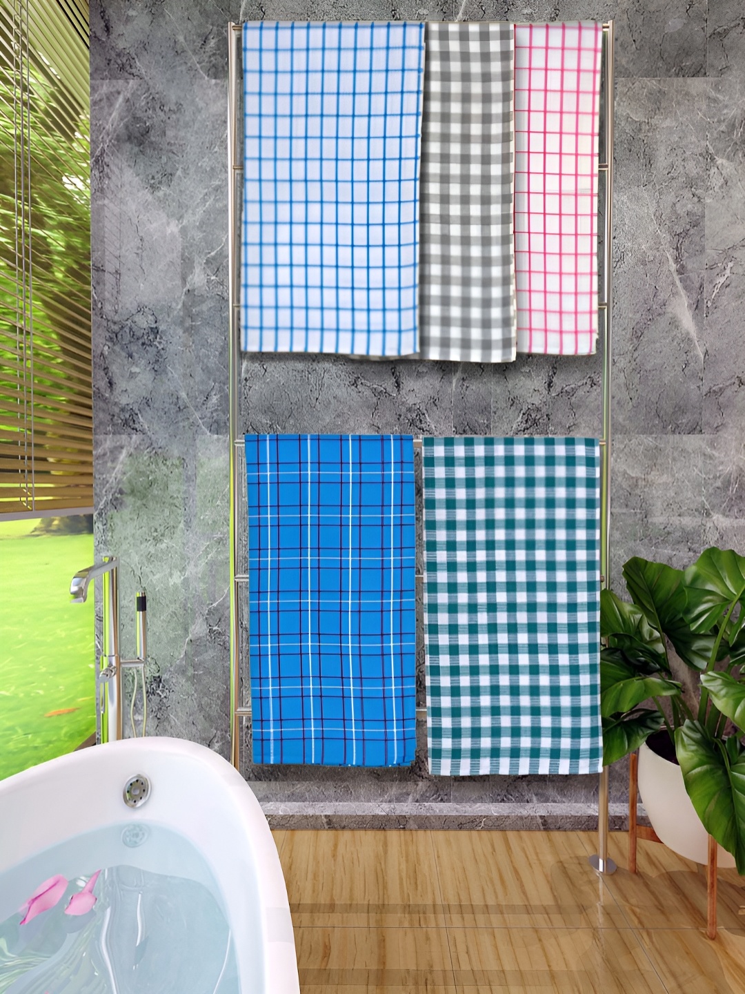 

Athom Living Blue & Red 5 Pieces Checked Cotton 150 GSM Bath Towels