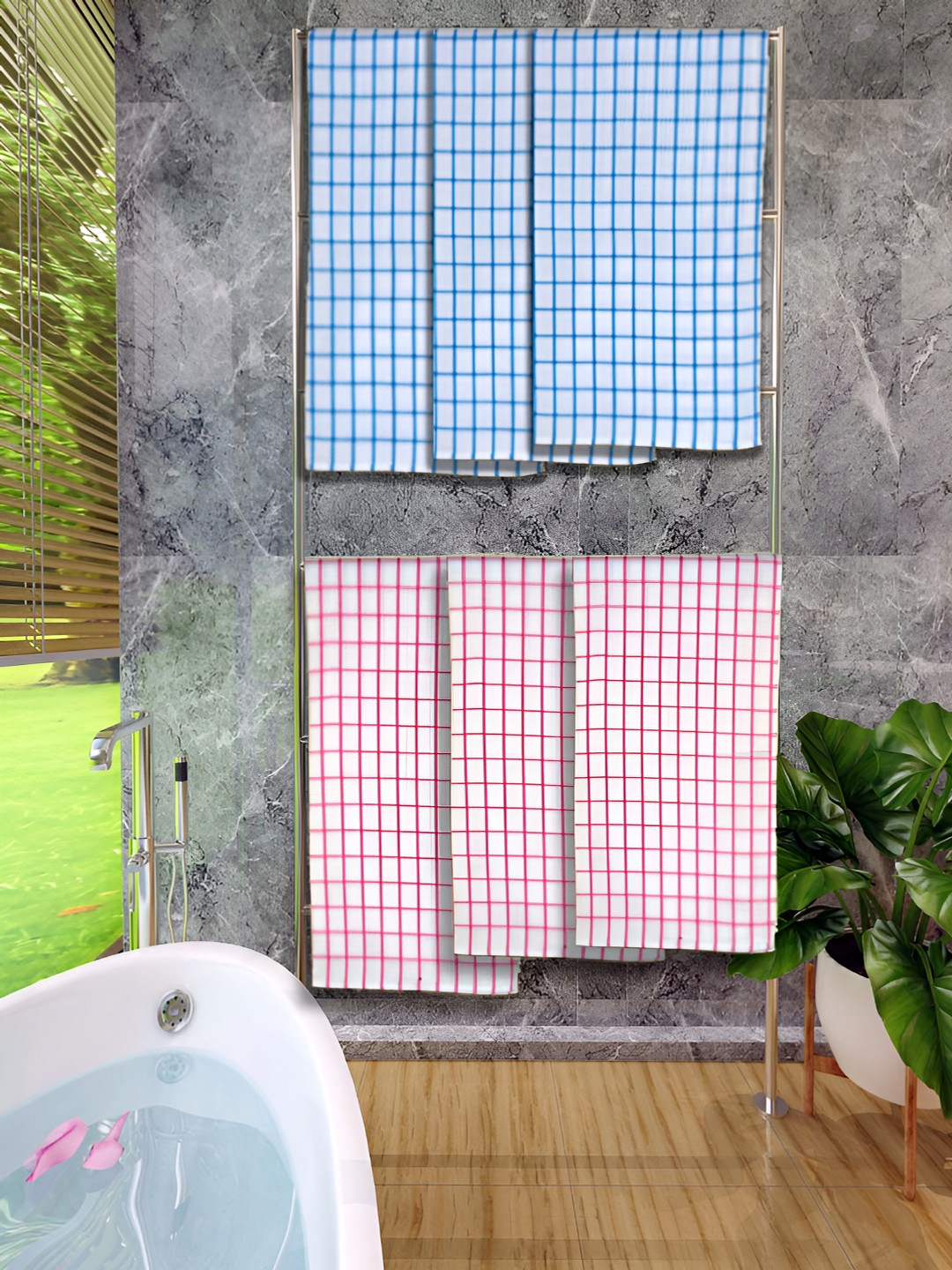 

Athom Living Blue & Orange 6 Pieces Checked Cotton 150 GSM Bath Towels