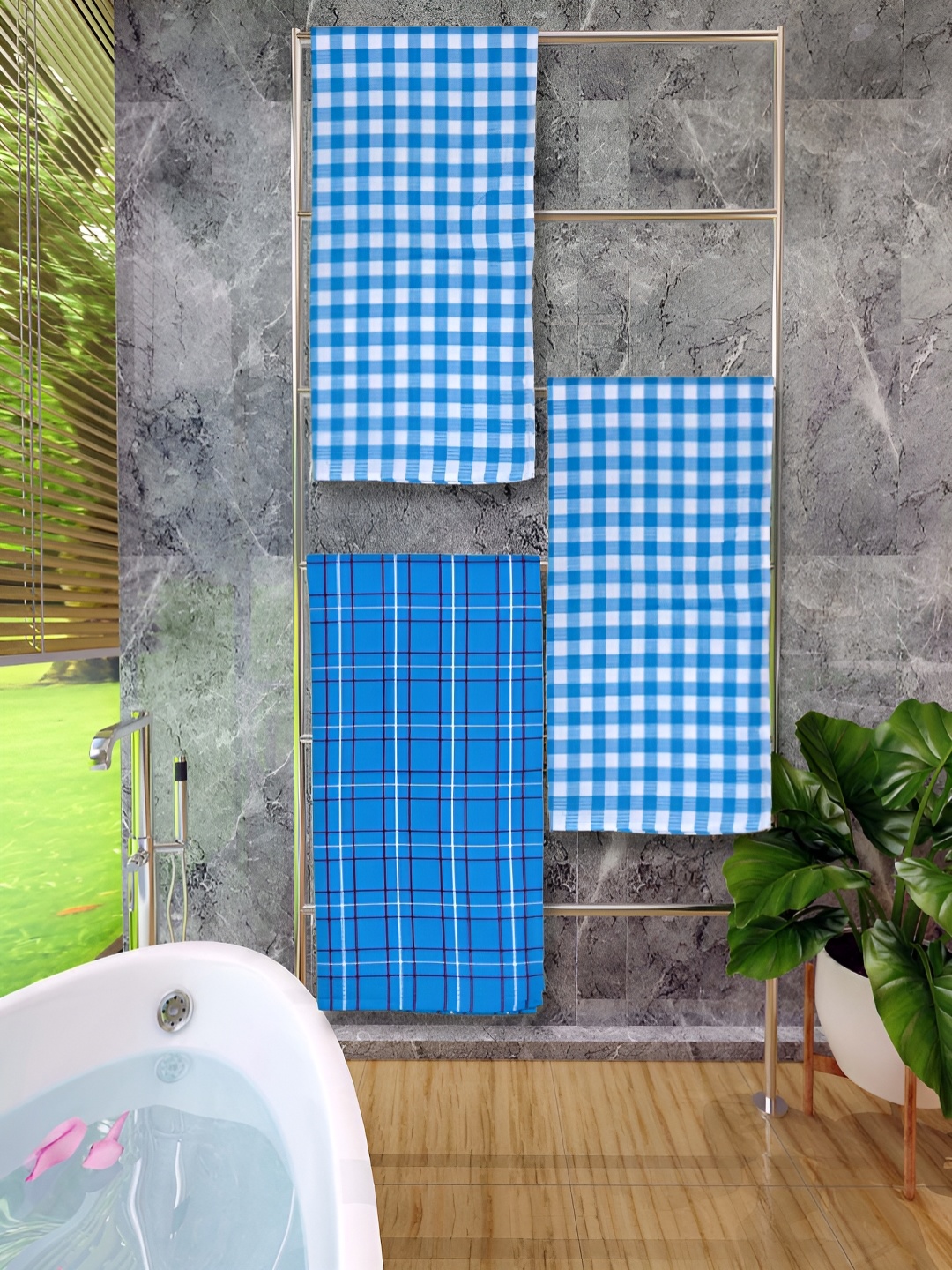 

Athom Living Blue & White 3 Pieces Checked Cotton 150 GSM Bath Towel