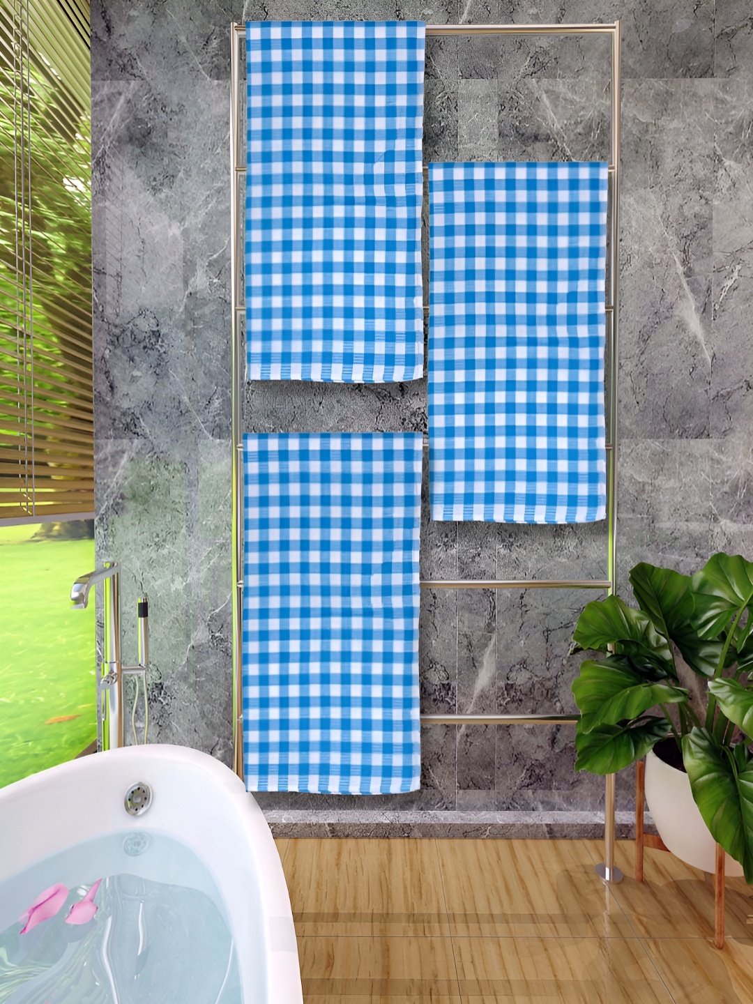 

Athom Living Blue & White 3 Pieces Checked Cotton 150 GSM Bath Towel