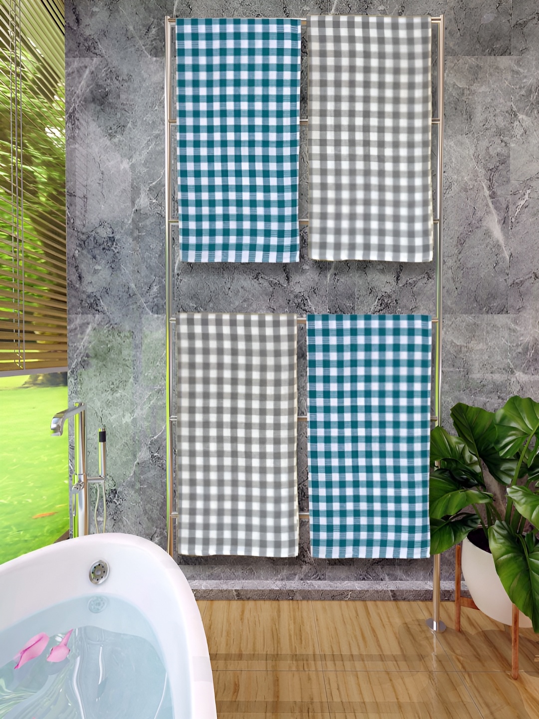 

Athom Living Green & Grey 4 Pieces Checked Cotton 150 GSM Bath Towel