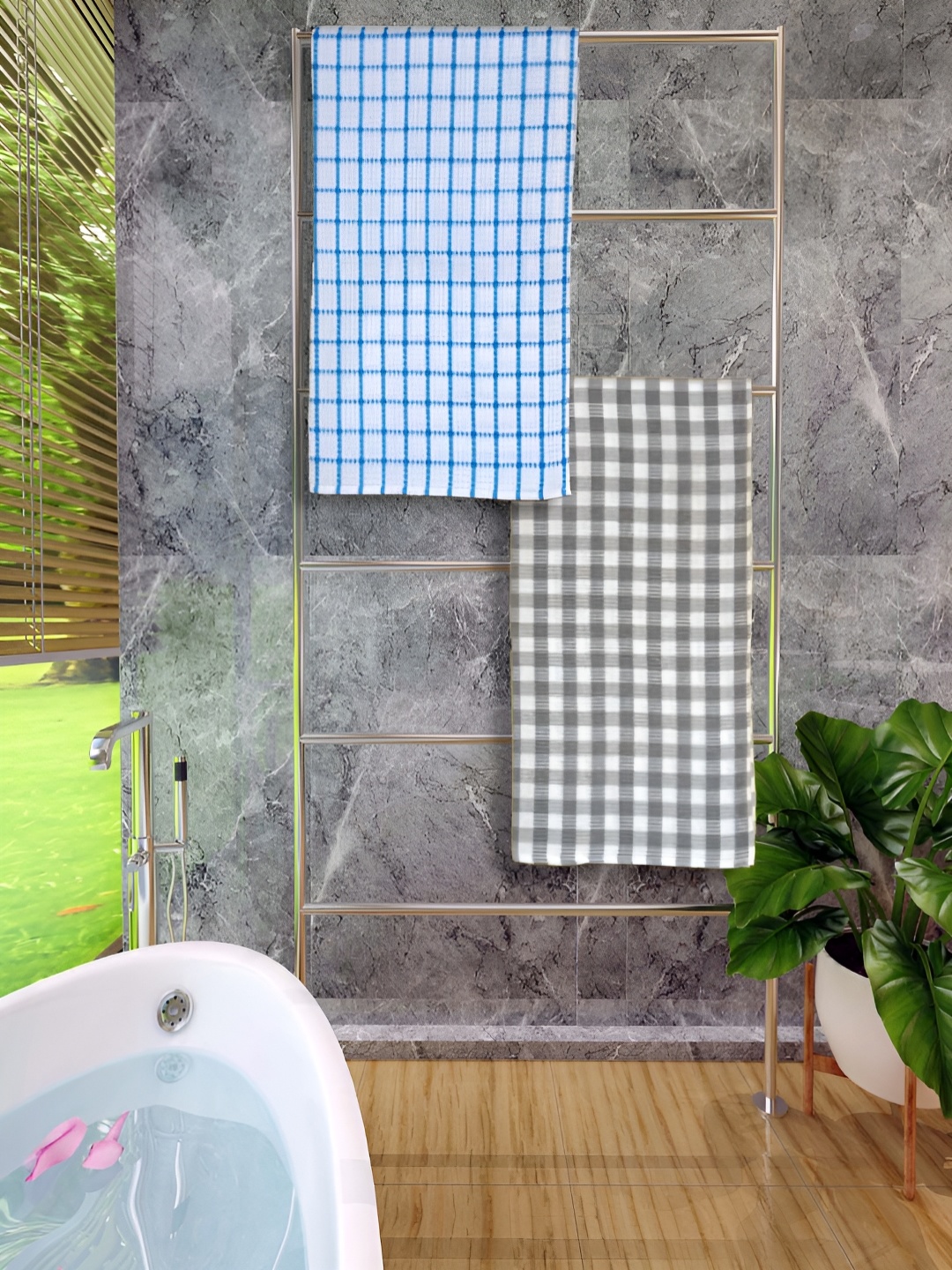 

Athom Living Grey & Blue 2 Pieces Checked Cotton 150 GSM Bath Towel