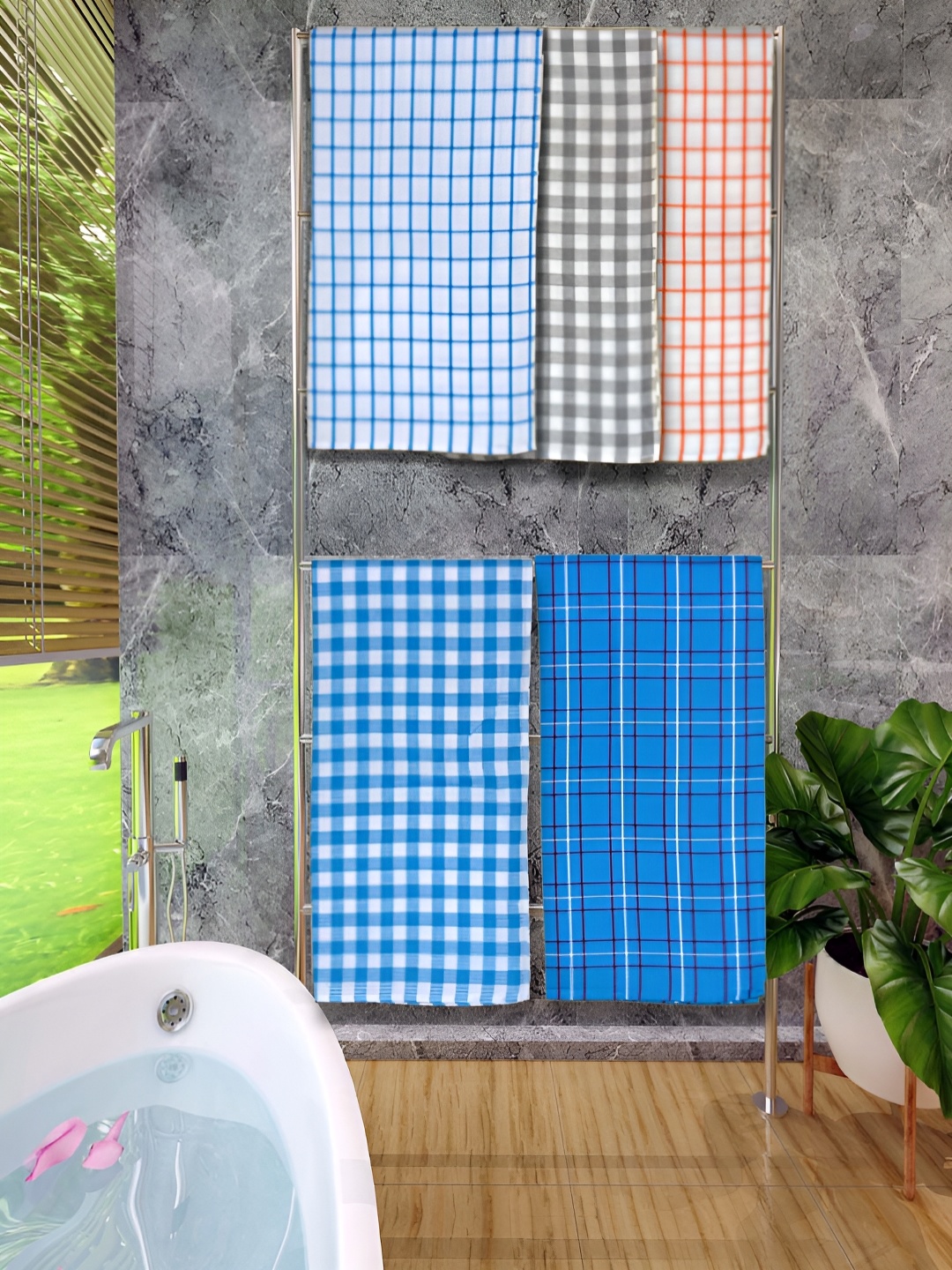 

Athom Living Blue 5 Pieces Checked Cotton 150 GSM Bath Towels