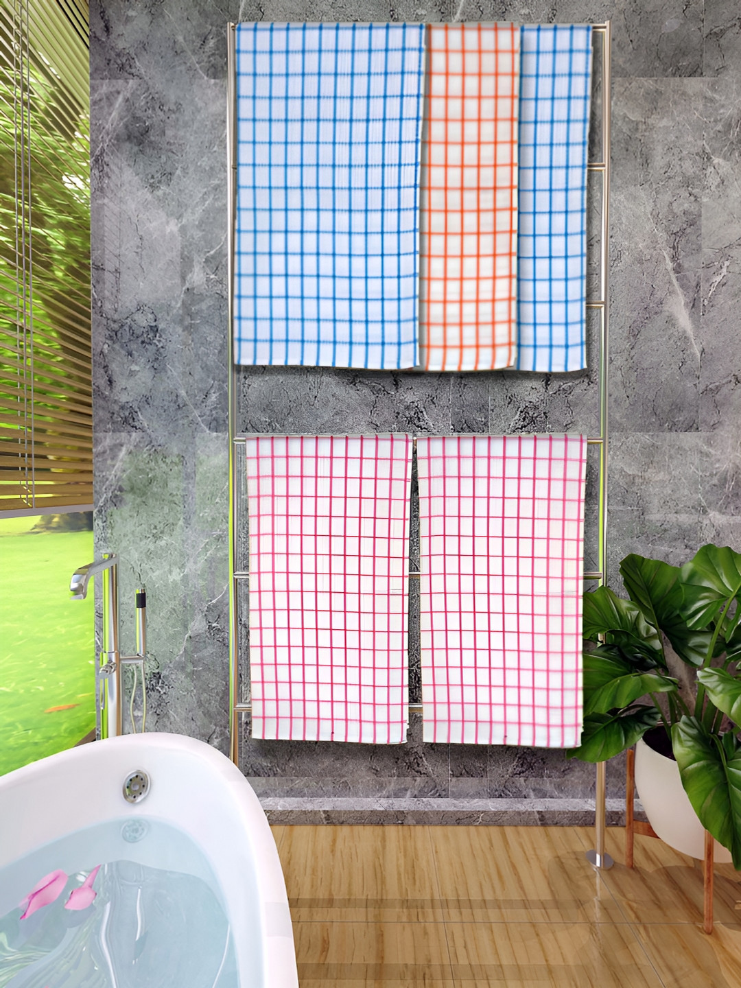 

Athom Living Blue & Red 5 Pieces Checked Cotton 150 GSM Bath Towels