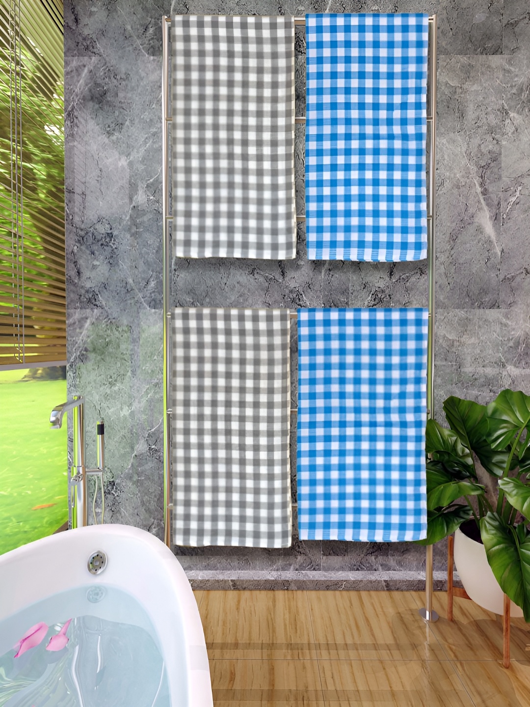 

Athom Living Grey & Blue 4 Pieces Checked Cotton 150 GSM Bath Towel