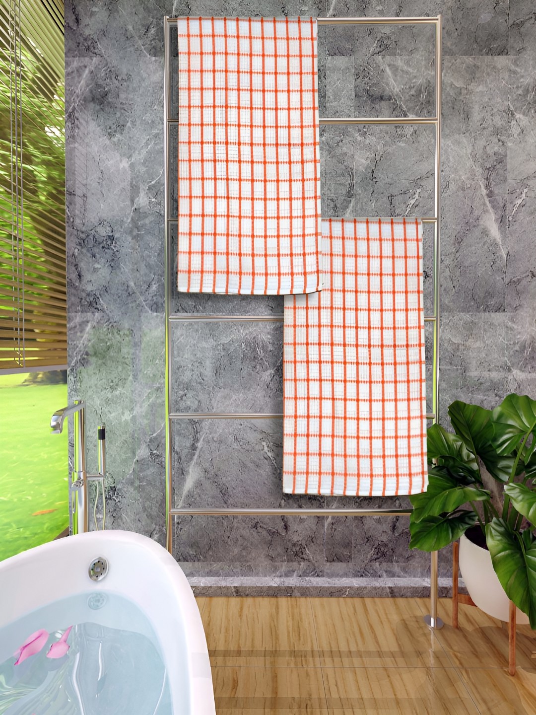 

Athom Living Orange & White 2 Pieces Checked Cotton 150 GSM Bath Towel