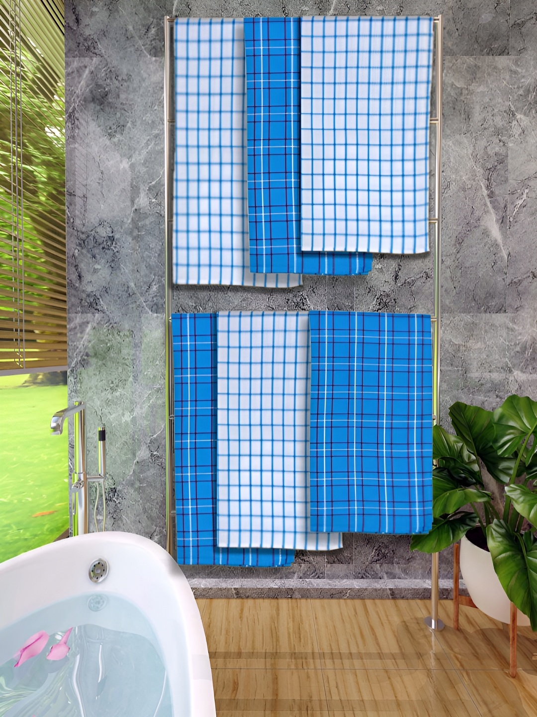 

Athom Living Blue & White 6 Pieces Checked Cotton 150 GSM Bath Towels