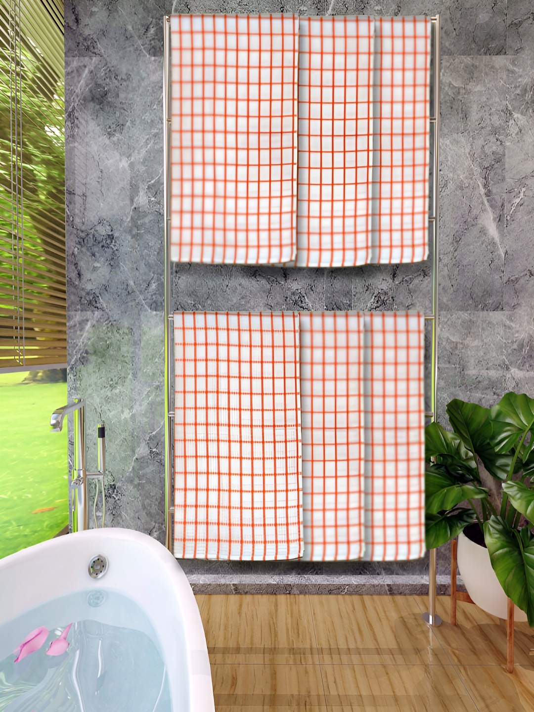 

Athom Living Orange & White 6 Pieces Checked Cotton 150 GSM Bath Towels