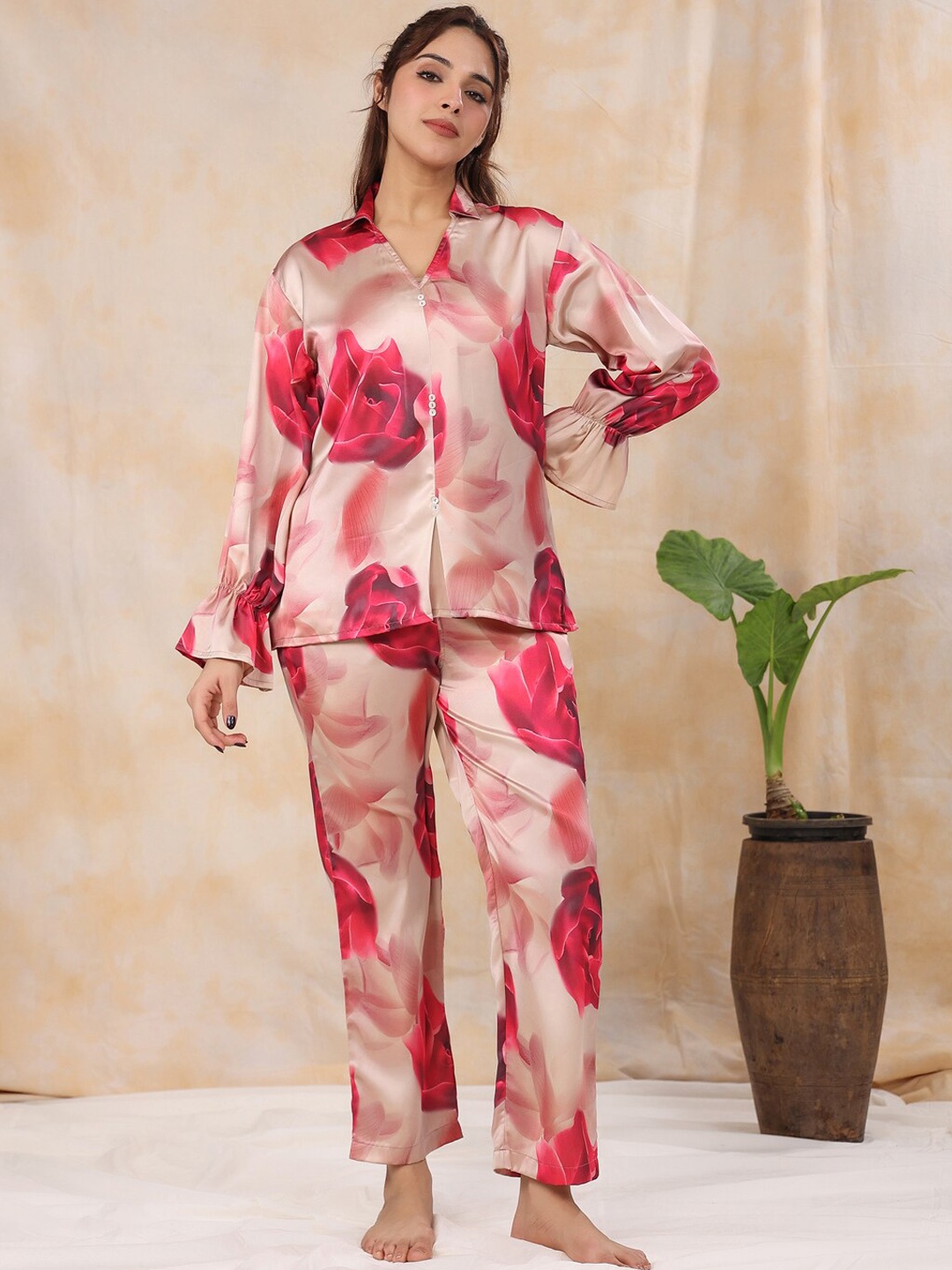 

SANSKRUTIHOMES Floral Printed Satin Night Suit, Rose gold