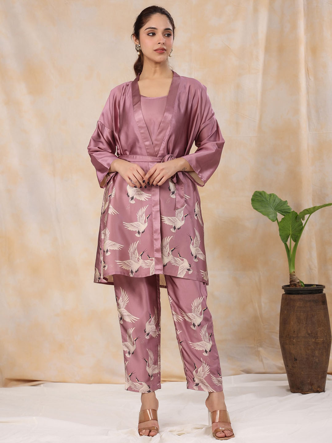 

SANSKRUTIHOMES Printed Top With Trouser & Jacket, Mauve