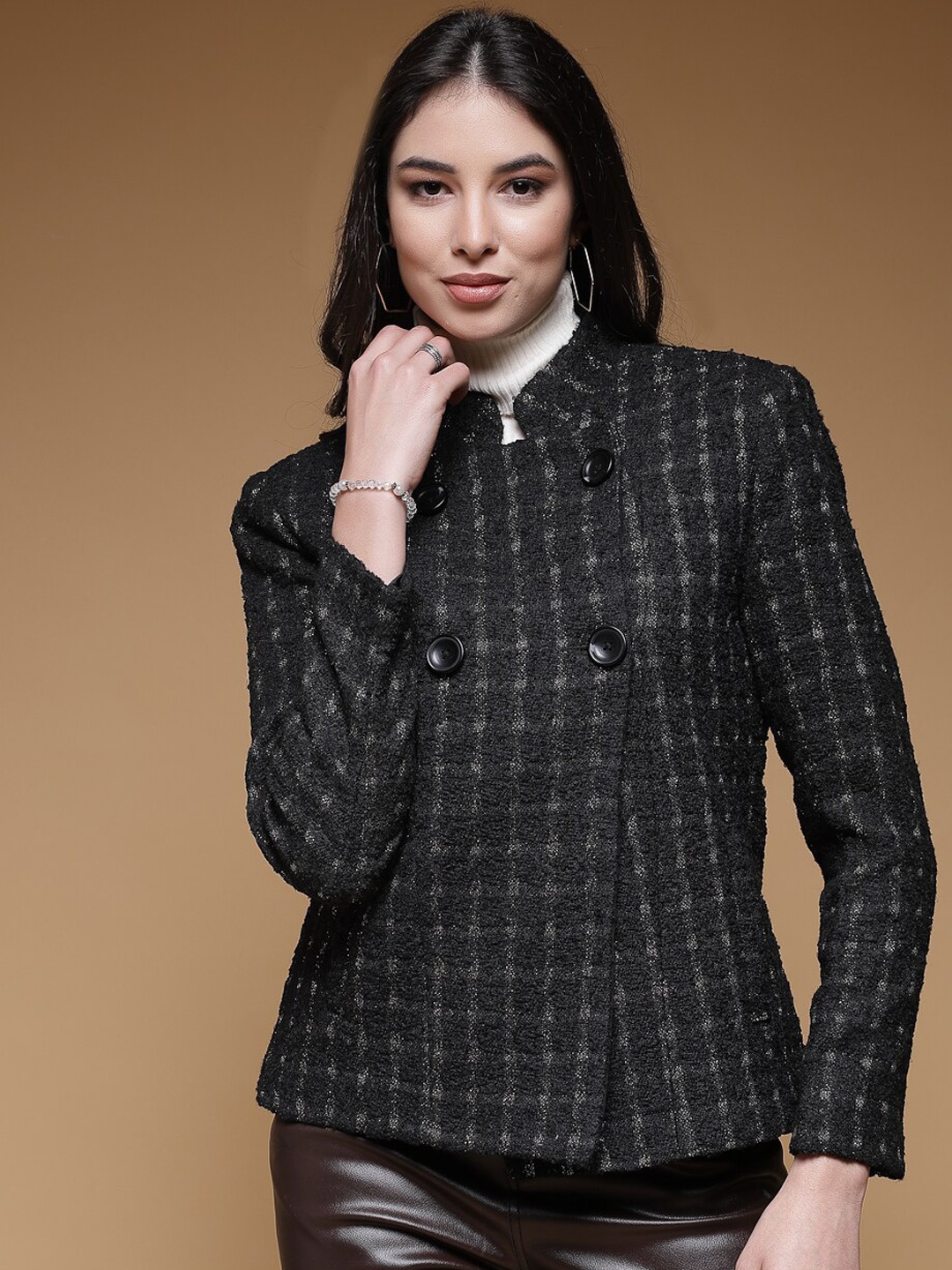 

Juelle Self-Design Mock Collar Double-Breasted Wool Peacoat, Black