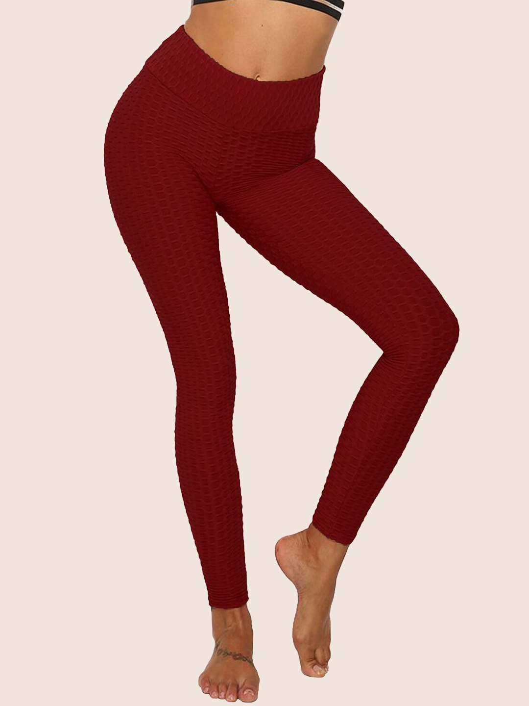 

BAESD Textured High Rise Ankle-Length Yoga Tights, Maroon