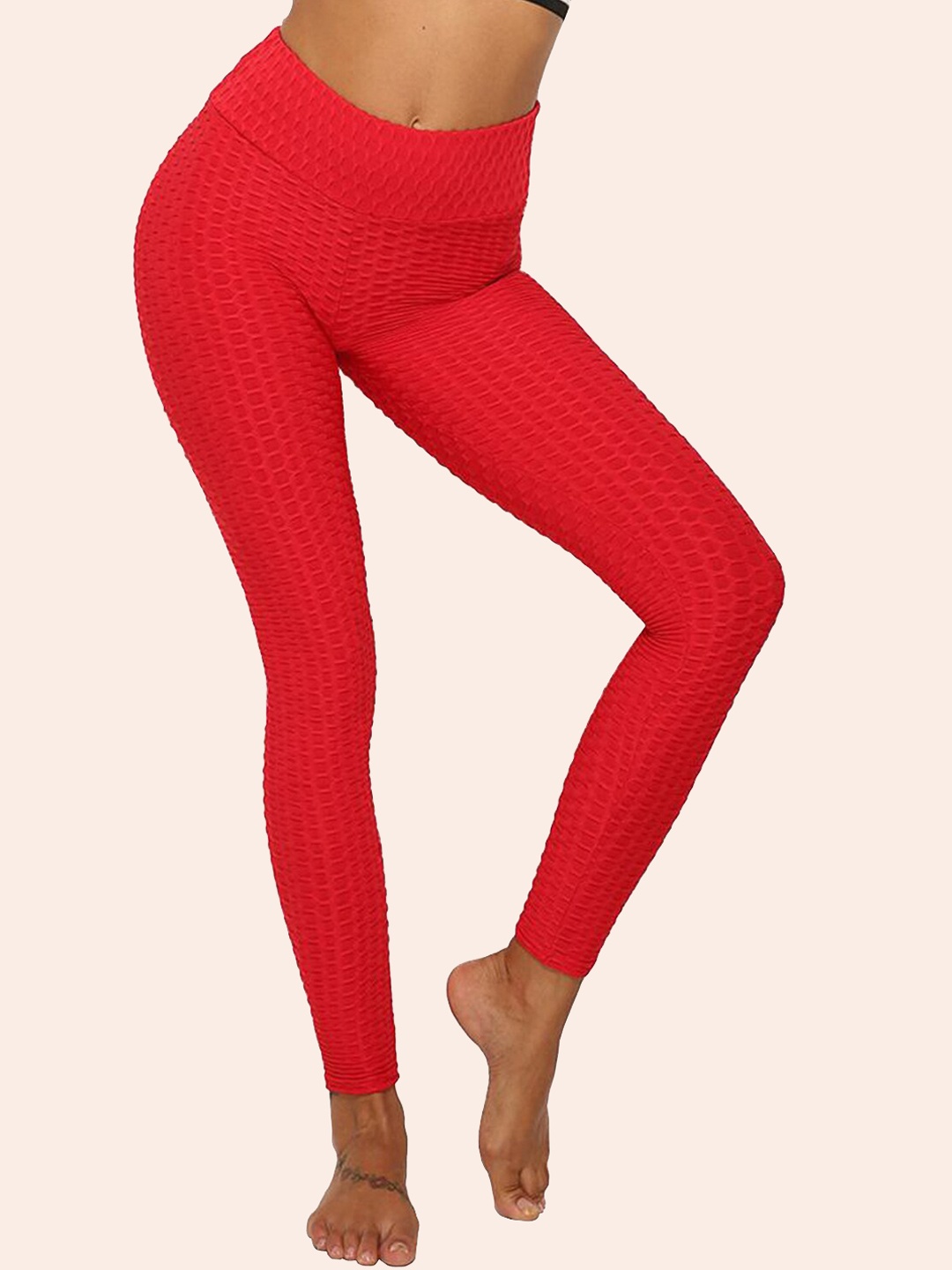 

BAESD Women Textured Slim-Fit Ankle-Length Yoga Tights, Red