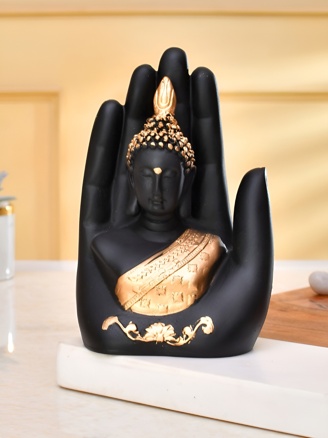 

CraftVatika Black & Beige Small Palm Buddha Idol Showpiece