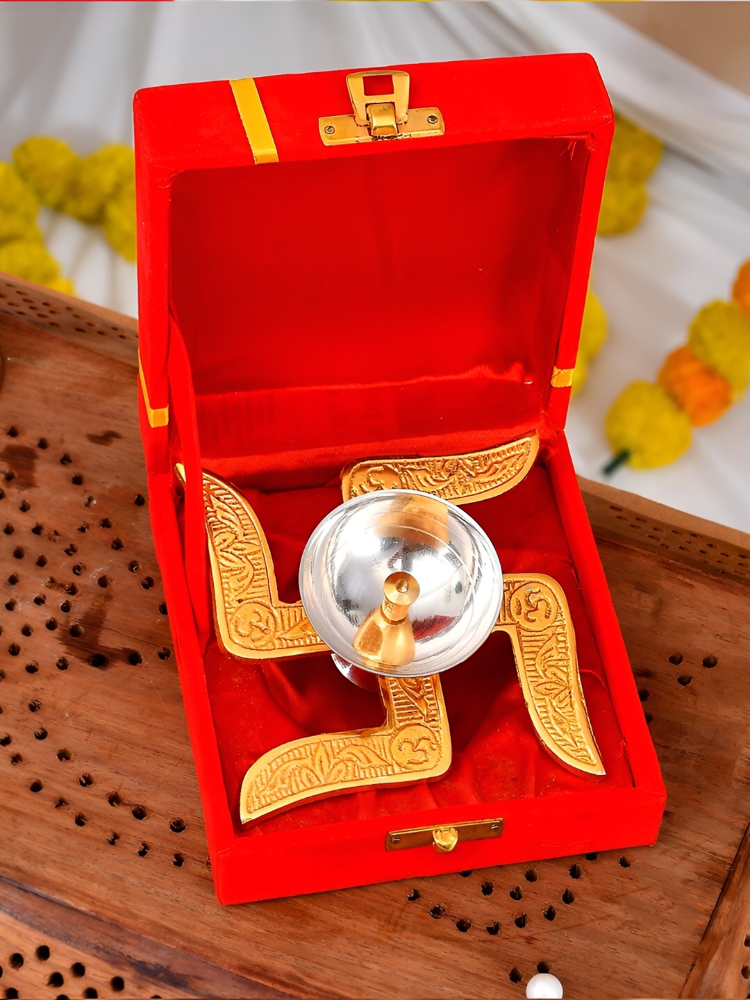 

CraftVatika Gold-Toned Swastik Shaped Brass Diya