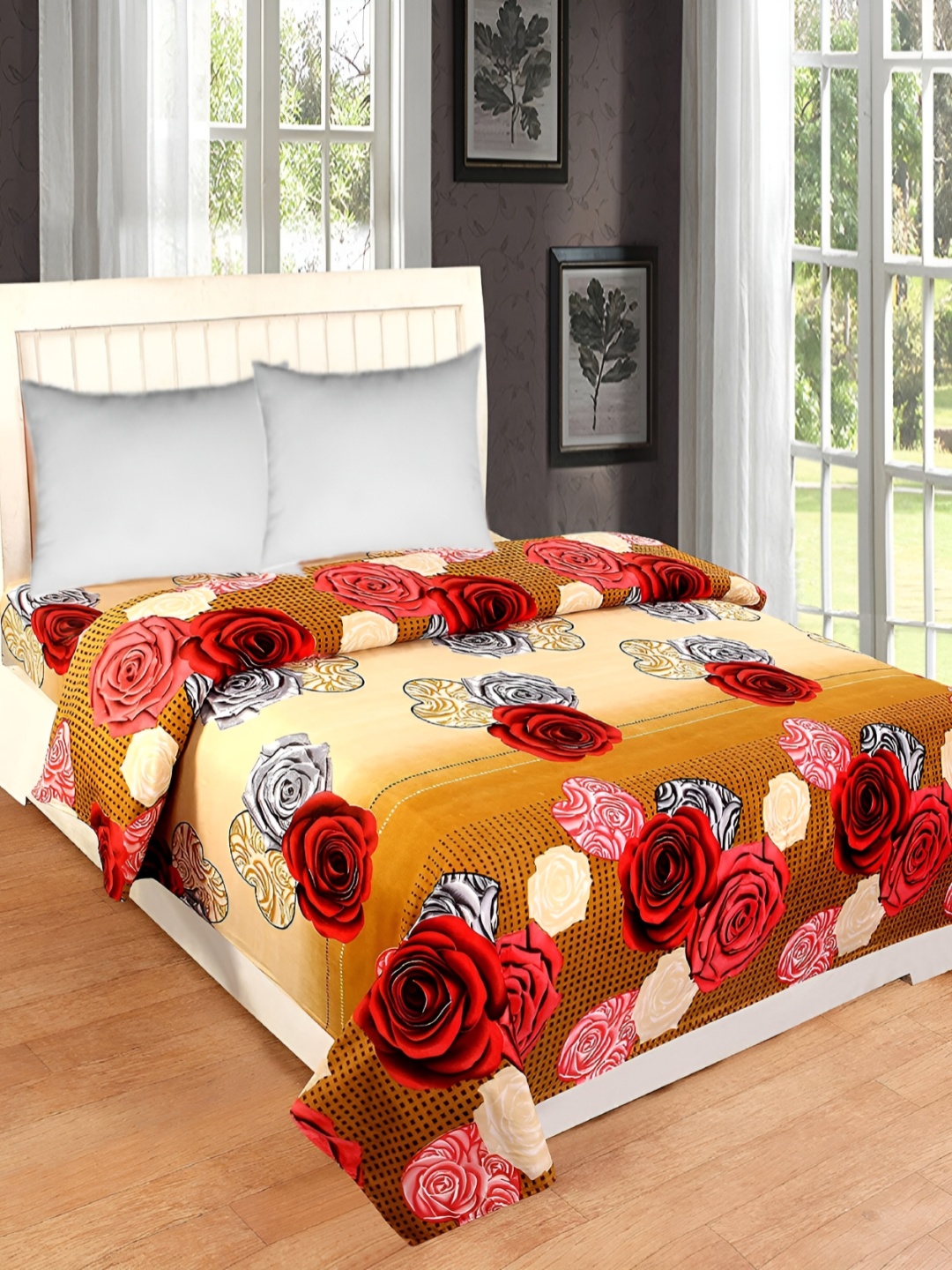 

Supreme Home Collective Gold Toned & Red Floral Printed 144 TC Queen Bedsheet