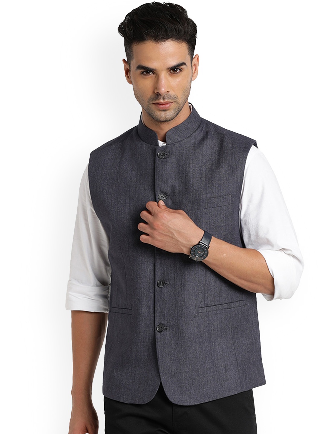 

Indian Terrain Mandarin Collar Pure Linen Nehru Jacket, Grey