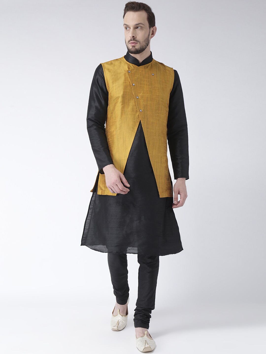 

DEYANN Mandarin Collar Pure Silk Sherwani With Churidar & Achkan, Black