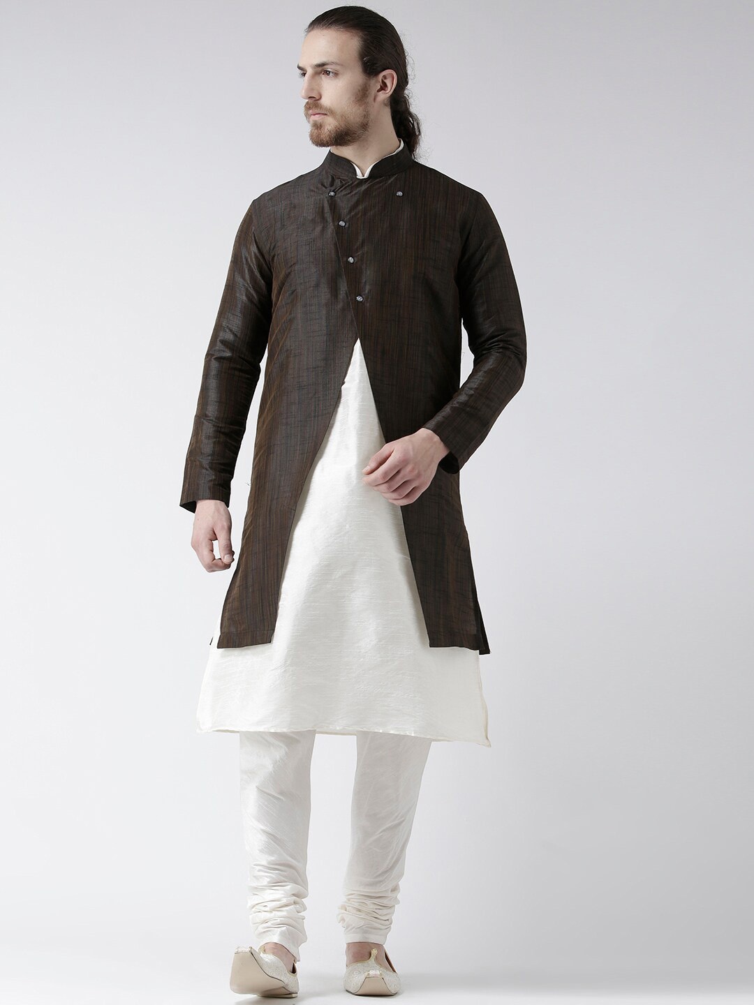 

DEYANN Mandarin Collar Sherwani With Churidar & Achkan, Brown