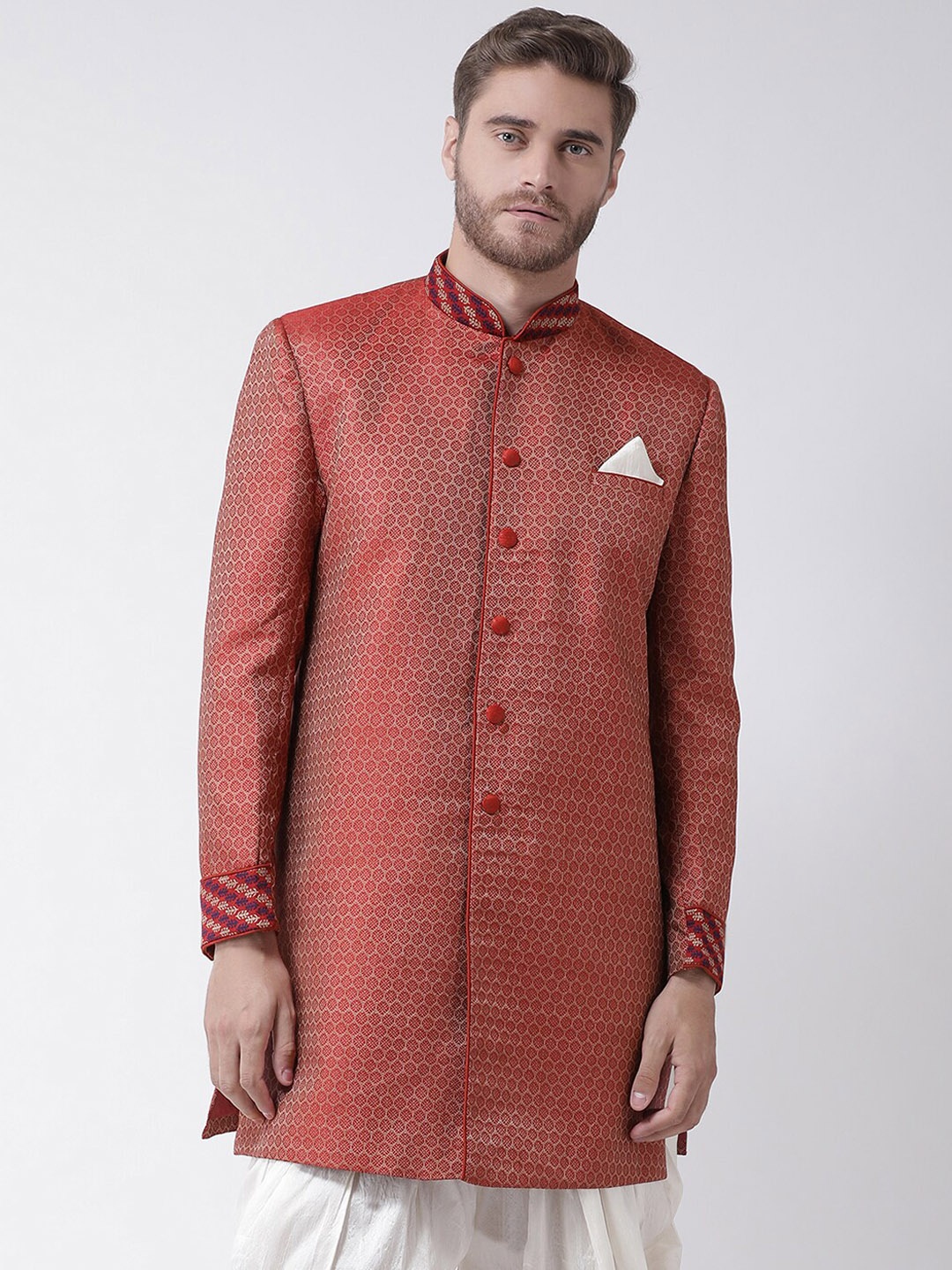 

DEYANN Ethnic Motifs Woven Design Mandarin Collar Pure Silk Sherwani With Dhoti Pants, Maroon