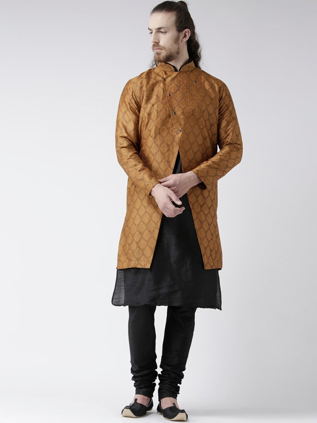 

DEYANN Ethnic Motifs Woven Design Chanderi Silk Sherwani With Churidar & Achkan, Mustard