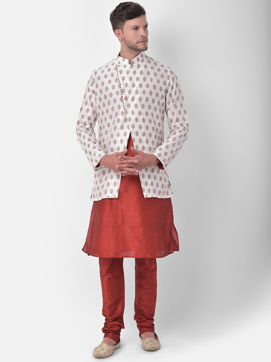 

DEYANN Ethnic Motifs Printed Mandarin Collar Dupion Silk Sherwani With Churidar & Achkan, White