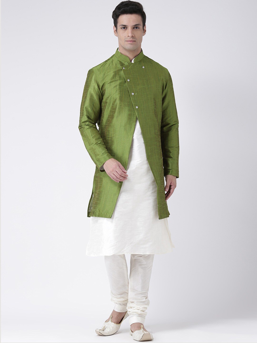 

DEYANN Mandarin Collar Silk Sherwani Set, Green