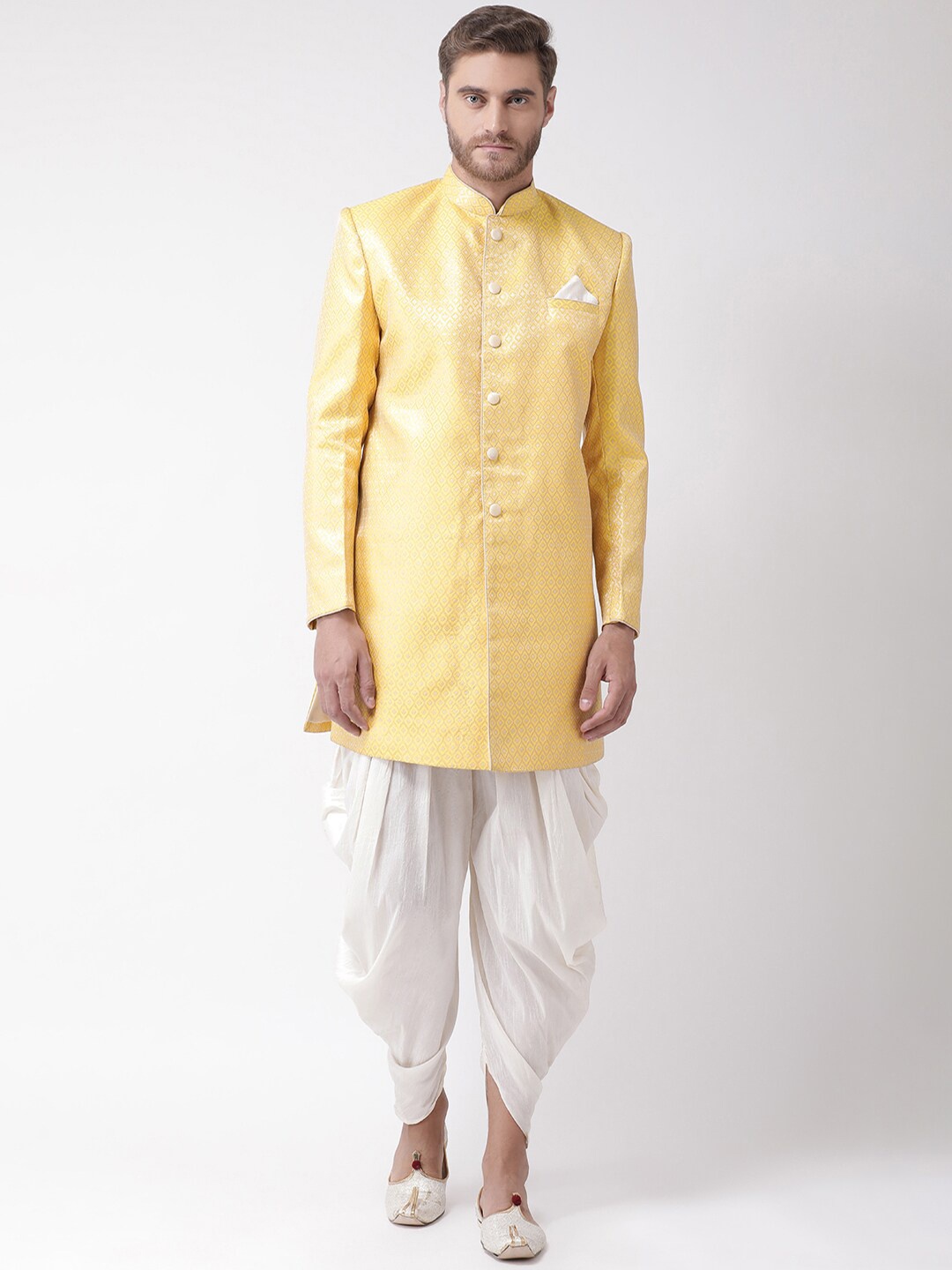 

DEYANN Mandarin Collar Silk Sherwani Set, Yellow