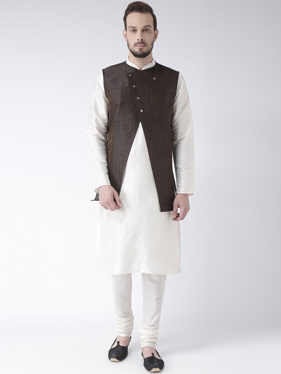 

DEYANN Mandarin Collar Silk Sherwani Set, Brown