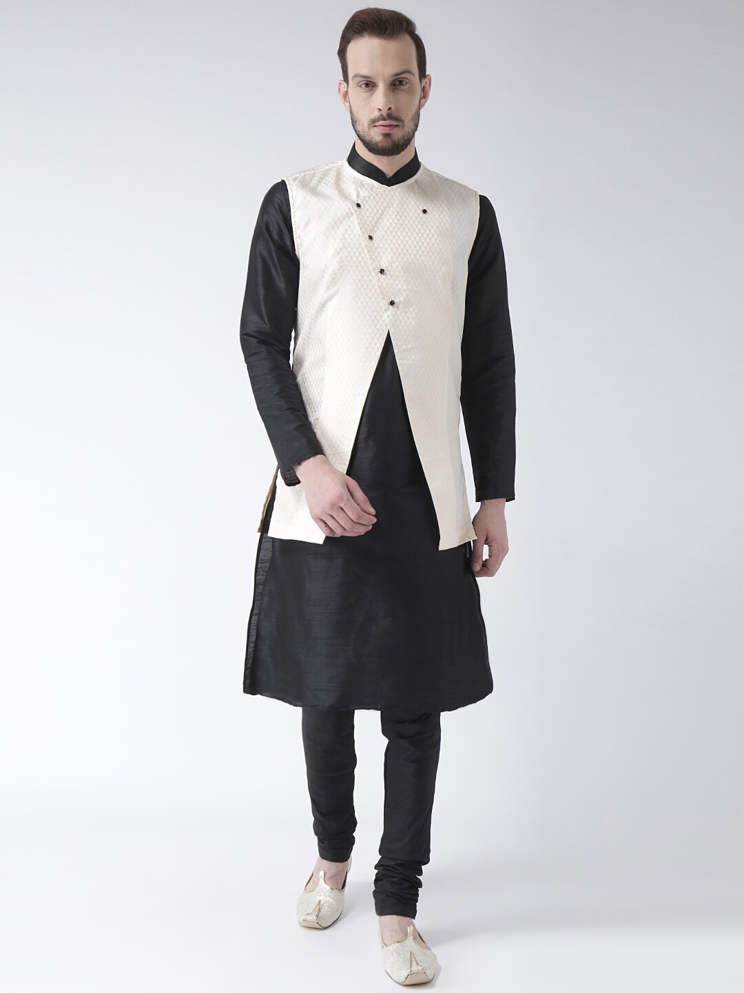 

DEYANN Mandarin Collar Silk Sherwani Set, Cream