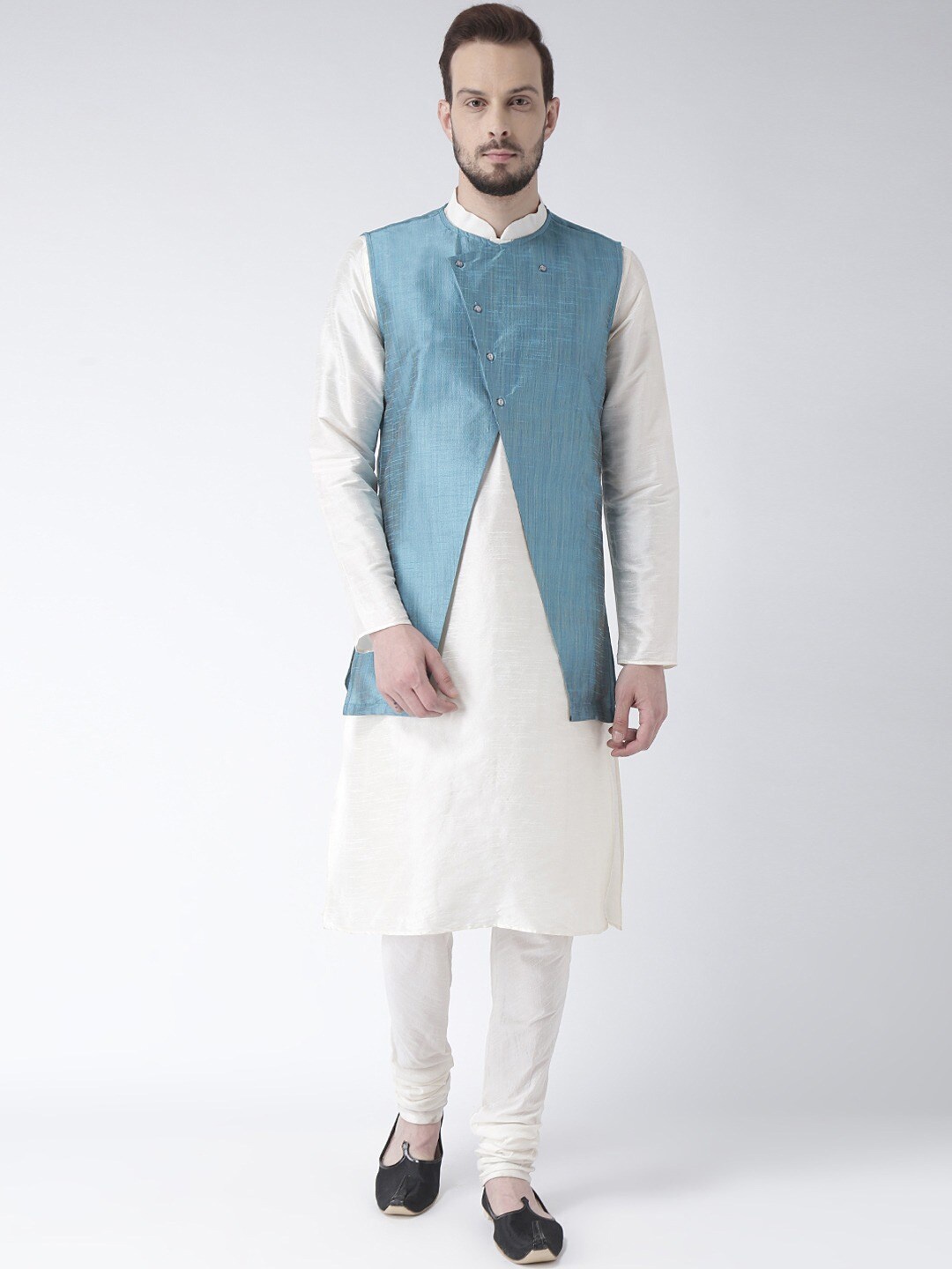 

DEYANN Mandarin Collar Silk Sherwani Set, Blue