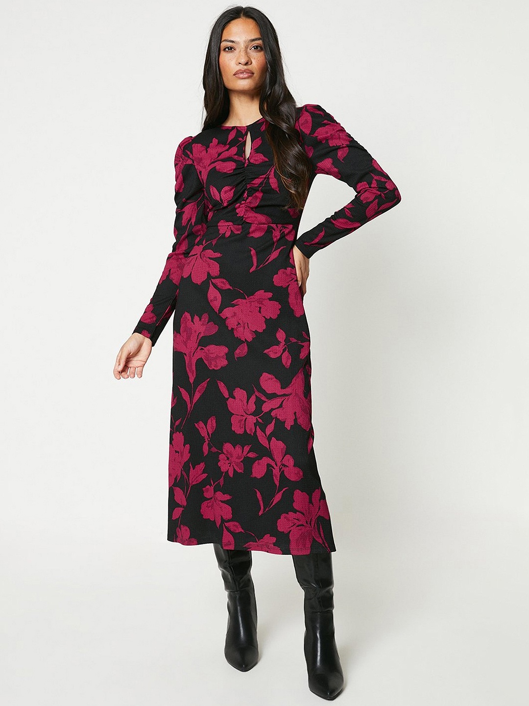 

DOROTHY PERKINS Floral Printed Ruched A-Line Dress, Black