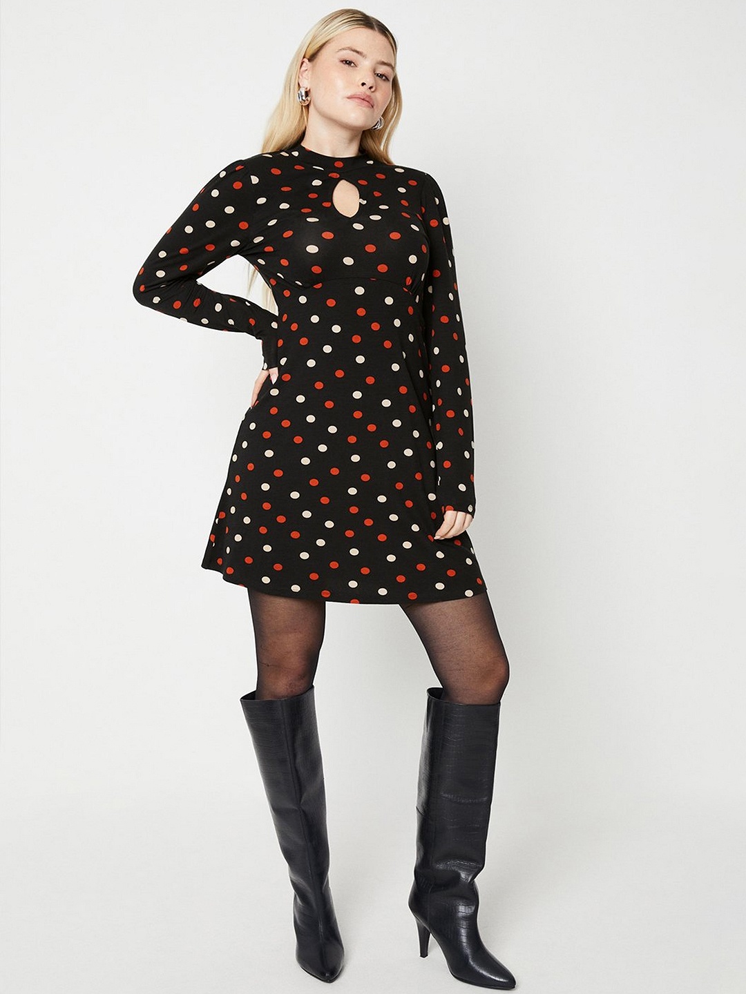 

DOROTHY PERKINS Polka Dots Printed Cut Out Detail A-Line Dress, Black