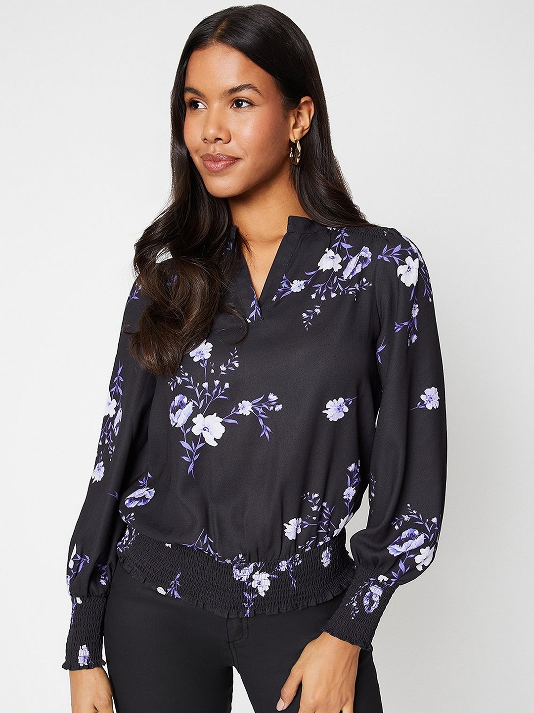 

DOROTHY PERKINS Floral Print Shirred Yoke Blouson Top, Navy blue