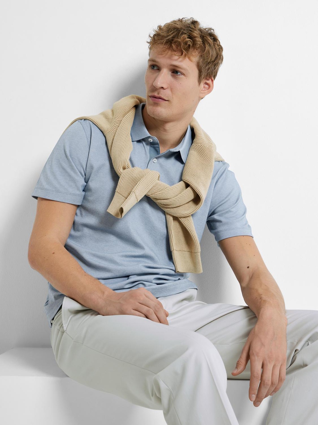 

SELECTED Polo Collar Short Sleeves Cotton Slim Fit Knitted T-shirt, Blue