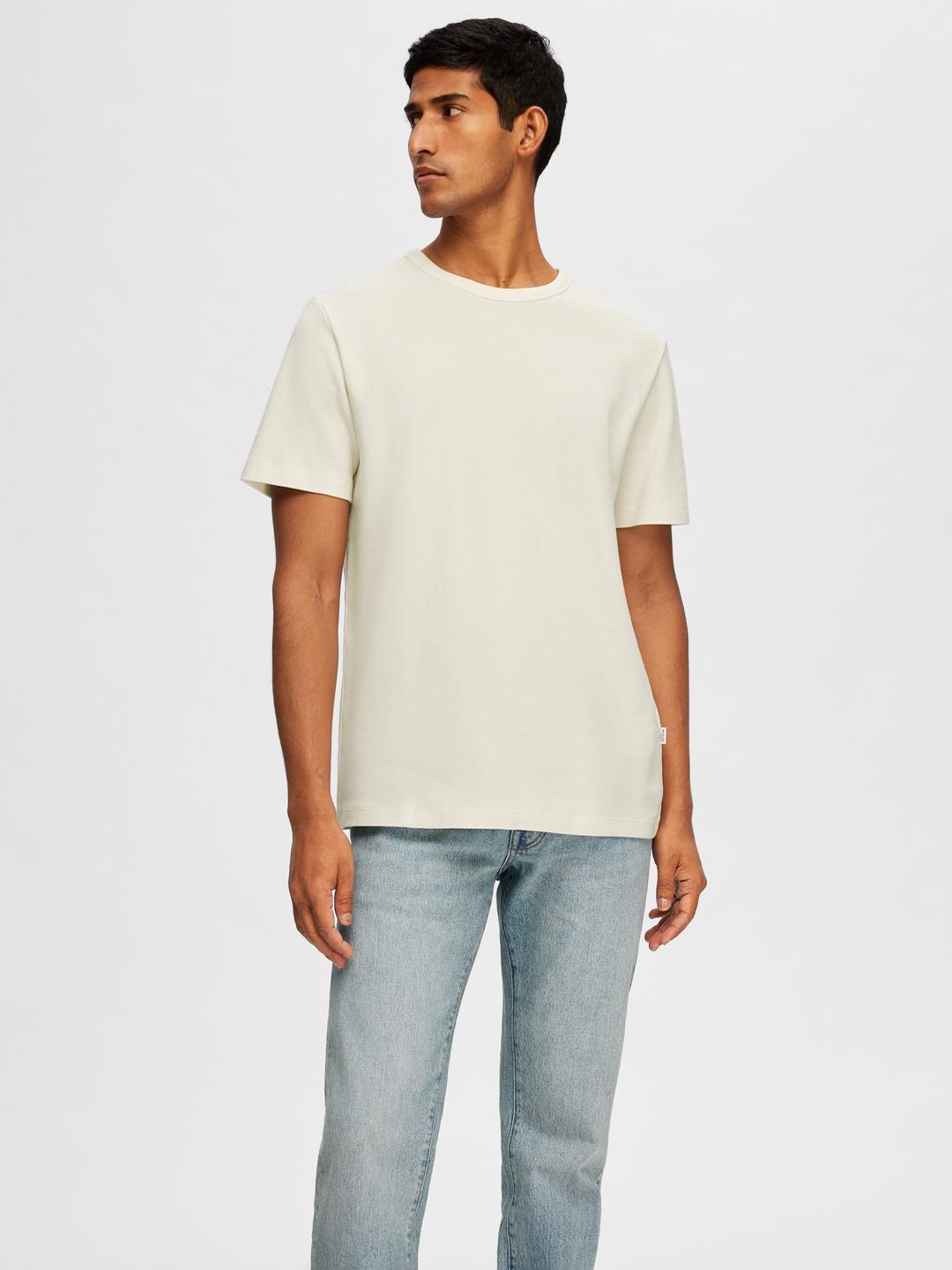 

SELECTED Round Neck Cotton Slim Fit Knitted T-shirt, Cream